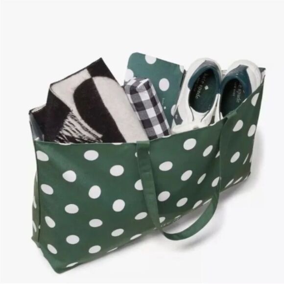 Kate Spade Large Beach Shop Toy Reusable Tote Bag Green White Polka Dot - Picture 2 of 12
